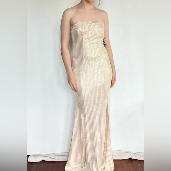 Faithful the Brand Maxi Dress Strapless Gown Striped Gold Cream Wedding Formal S - Picture 1 of 12